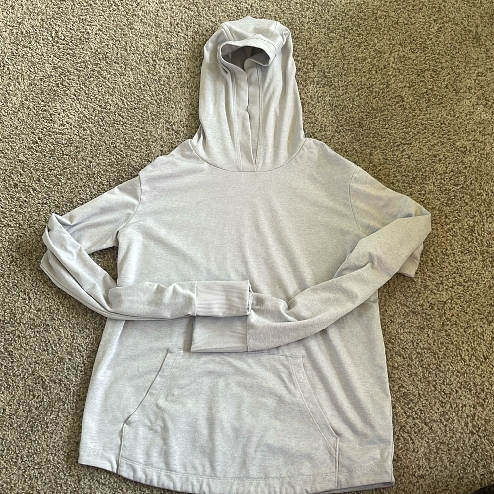 Athleta Girl, size L/12, gray hooded top with pocket and thumb hole on sleeve